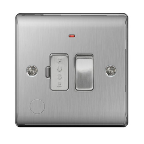 1 Gang 13A Switched Spur with Neon and Cable Outlet in Brushed Steel BG Nexus Metal Raised Plate