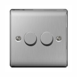 2 Gang 2 Way Rotary Dimmer 50-400W Halogen / 5-50W LED Dimming Brushed Steel BG Nexus NBS82P Raised Plate