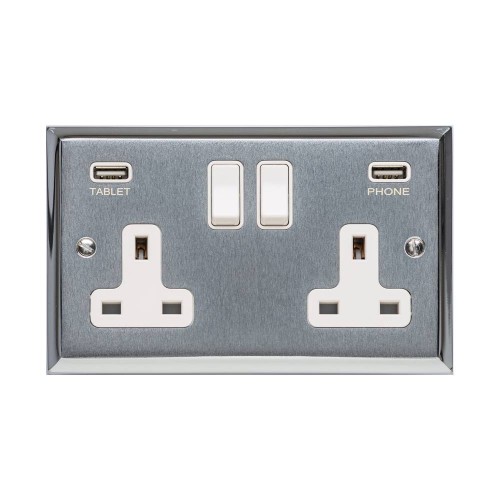 2 Gang 13A Socket with 2 USB Sockets Apollo Dual Finish Satin Chrome Raised Plate with Polished Chrome Stepped Edge White Trim