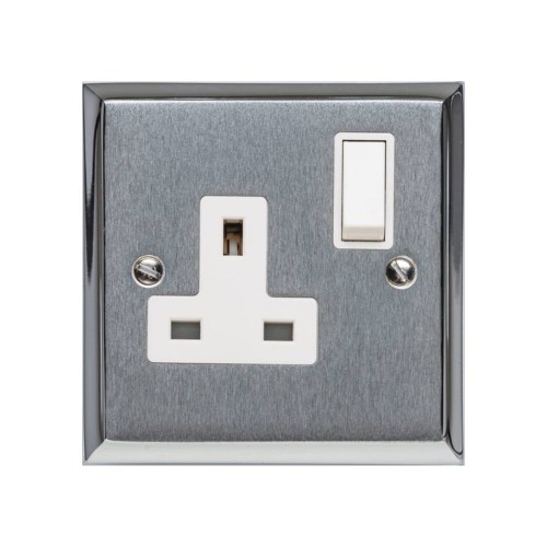 1 Gang 13A Switched Single Socket Apollo Dual Finish Satin Chrome Raised Plate with Polished Chrome Stepped Edge White Switch and Trim