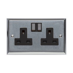 2 Gang 13A Switched Twin Socket Apollo Dual Finish Satin Chrome Raised Plate with Polished Chrome Stepped Edge Black Switch and Trim