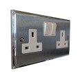 2 Gang 13A Switched Twin Socket Apollo Dual Finish Satin Chrome Raised Plate with Polished Chrome Stepped Edge White Switch and Trim
