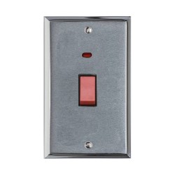 45A Cooker Switch with Neon Twin/Tall Plate Apollo Dual Finish Satin Chrome Raised Plate with Polished Chrome Stepped Edge Red Rocker Black Trim