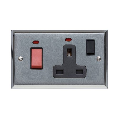 45A Cooker Unit with a 13A Switched Socket and Neon Indicators Apollo Dual Finish Satin Chrome Raised Plate with Polished Chrome Stepped Edge Black Trim and Switch