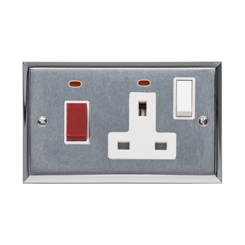 45A Cooker Unit with a 13A Switched Socket and Neon Indicators Apollo Dual Finish Satin Chrome Raised Plate with Polished Chrome Stepped Edge White Trim and Switch