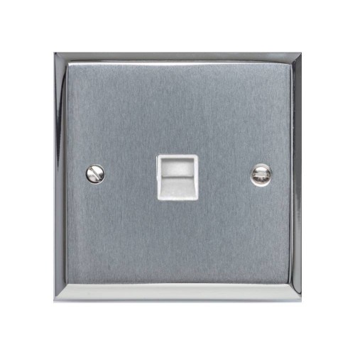 1 Gang Secondary Line Phone Socket Apollo Dual Finish Satin Chrome Raised Plate with Polished Chrome Stepped Edge with White Trim