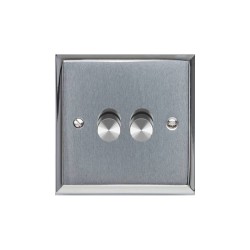2 Gang 2 Way Trailing Edge LED Dimmer 10-120W Apollo Dual Finish Satin Chrome Raised Plate with Polished Chrome Stepped Edge