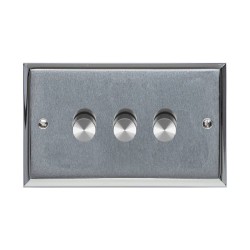 3 Gang 2 Way Trailing Edge LED Dimmer 10-120W Apollo Dual Finish Satin Chrome Raised Plate with Polished Chrome Stepped Edge