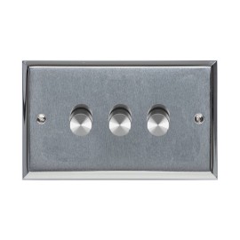 3 Gang 2 Way Trailing Edge LED Dimmer 10-120W Apollo Dual Finish Satin Chrome Raised Plate with Polished Chrome Stepped Edge