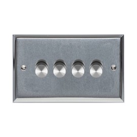 4 Gang 2 Way Trailing Edge LED Dimmer 10-120W Apollo Dual Finish Satin Chrome Raised Plate with Polished Chrome Stepped Edge