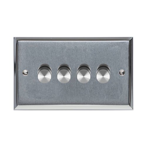 4 Gang 2 Way Trailing Edge LED Dimmer 10-120W Apollo Dual Finish Satin Chrome Raised Plate with Polished Chrome Stepped Edge