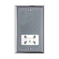 Shaver Socket Dual Voltage Output 110/240V Apollo Dual Finish Satin Chrome Raised Plate with Polished Chrome Stepped Edge with White Trim
