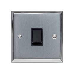 1 Gang 20A Double Pole Switch Apollo Dual Finish Satin Chrome Raised Plate with Polished Chrome Stepped Edge Black Plastic Rocker and Trim