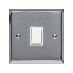 1 Gang Intermediate 6A Rocker Switch Apollo Dual Finish Satin Chrome Raised Plate with Polished Chrome Stepped Edge White Plastic Rocker and Trim
