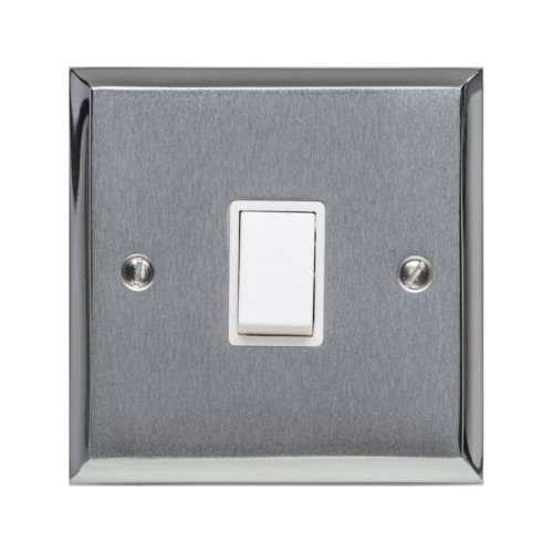 1 Gang 2 Way 6A Rocker Switch Apollo Dual Finish Satin Chrome Raised Plate with Polished Chrome Stepped Edge White Plastic Rocker and Trim