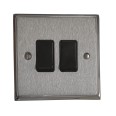 2 Gang 2 Way 6A Rocker Switch Apollo Dual Finish Satin Chrome Raised Plate with Polished Chrome Stepped Edge Black Plastic Rockers and Trim