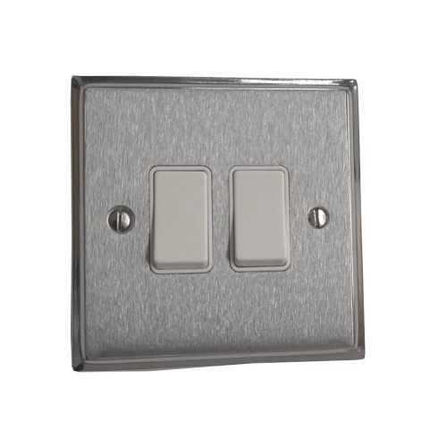 2 Gang 2 Way 6A Rocker Switch Apollo Dual Finish Satin Chrome Raised Plate with Polished Chrome Stepped Edge White Plastic Rockers and Trim