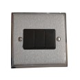 3 Gang 2 Way 6A Rocker Switch Apollo Dual Finish Satin Chrome Raised Plate with Polished Chrome Stepped Edge Black Plastic Rockers and Trim