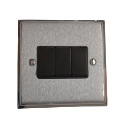 3 Gang 2 Way 6A Rocker Switch Apollo Dual Finish Satin Chrome Raised Plate with Polished Chrome Stepped Edge Black Plastic Rockers and Trim