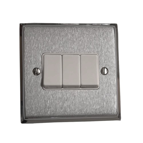 3 Gang 2 Way 6A Rocker Switch Apollo Dual Finish Satin Chrome Raised Plate with Polished Chrome Stepped Edge White Plastic Rockers and Trim