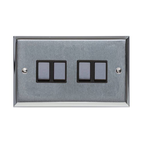 4 Gang 2 Way 6A Rocker Switch Apollo Dual Finish Satin Chrome Raised Plate with Polished Chrome Stepped Edge Black Plastic Rockers and Trim