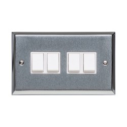4 Gang 2 Way 6A Rocker Switch Apollo Dual Finish Satin Chrome Raised Plate with Polished Chrome Stepped Edge White Plastic Rockers and Trim