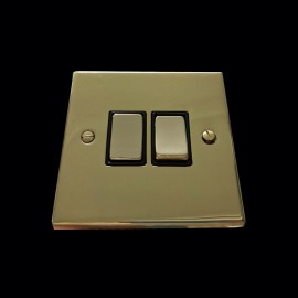 2 Gang 2 Way 10A Rocker Switch in Polished Brass Raised Plate with Black Trim Victorian Elite