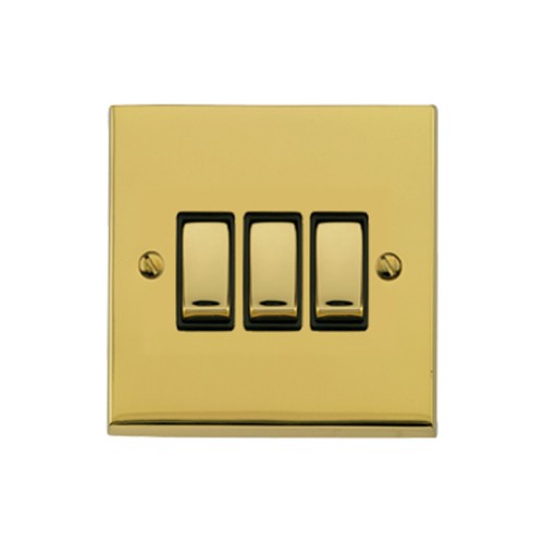 3 Gang 2 Way 10A Rocker Switch in Polished Brass Raised Plate with Black Trim Victorian Elite
