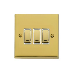 3 Gang 2 Way 10A Rocker Switch in Polished Brass Raised Plate with White Trim Victorian Elite