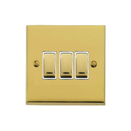 3 Gang 2 Way 10A Rocker Switch in Polished Brass Raised Plate with White Trim Victorian Elite