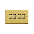 4 Gang 2 Way 10A Rocker Switch in Polished Brass Raised Plate with Black Trim Victorian Elite