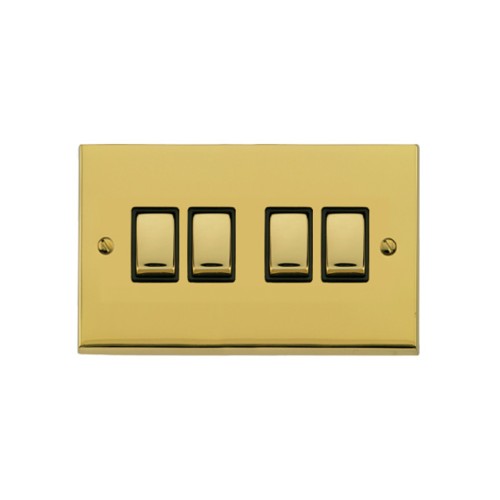 4 Gang 2 Way 10A Rocker Switch in Polished Brass Raised Plate with Black Trim Victorian Elite