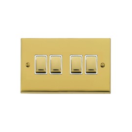 4 Gang 2 Way 10A Rocker Switch in Polished Brass Raised Plate with White Trim Victorian Elite