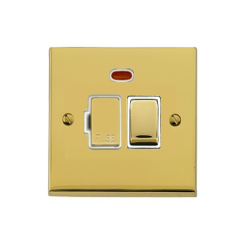 13A Fused Switched Spur with Neon and Cord Outlet in Polished Brass Raised Plate with White Trim Victorian Elite