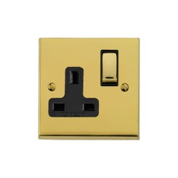 1 Gang 13A Switched Single Socket in Polished Brass Raised Plate with Black Trim Victorian Elite