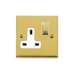 1 Gang 13A Switched Single Socket in Polished Brass Raised Plate with White Trim Victorian Elite
