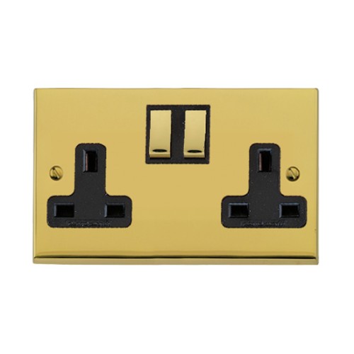 2 Gang 13A Switched Double Socket in Polished Brass Raised Plate with Black Trim Victorian Elite