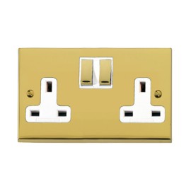 2 Gang 13A Switched Double Socket in Polished Brass Raised Plate with White Trim Victorian Elite