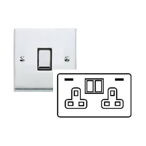 2 Gang 13A Socket with 2 USB Sockets Raised Polished Chrome Plate and Rockers with Black Plastic Insert Victorian Elite