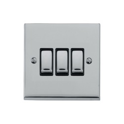 3 Gang 2 Way 10A Rocker Switch in Polished Chrome Raised Plate with Black Trim Victorian Elite