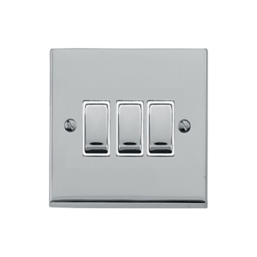 3 Gang 2 Way 10A Rocker Switch in Polished Chrome Raised Plate with White Trim Victorian Elite