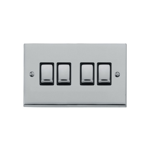 4 Gang 2 Way 10A Rocker Switch in Polished Chrome Raised Plate with Black Trim Victorian Elite