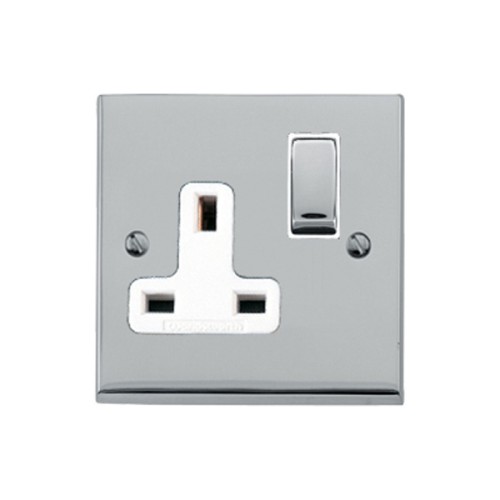 1 Gang 13A Switched Single Socket in Polished Chrome Raised Plate with White Trim Victorian Elite
