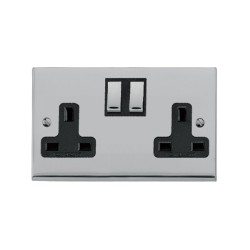 2 Gang 13A Switched Double Socket in Polished Chrome Raised Plate with Black Trim Victorian Elite