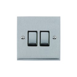 2 Gang 2 Way 10A Rocker Switch in Satin Chrome Raised Plate with Black Trim Victorian Elite