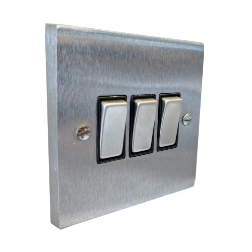 3 Gang 2 Way 10A Rocker Switch in Satin Chrome Raised Plate with Black Trim Victorian Elite