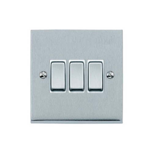 3 Gang 2 Way 10A Rocker Switch in Satin Chrome Raised Plate with White Trim Victorian Elite