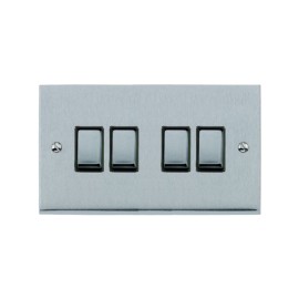 4 Gang 2 Way 10A Rocker Switch in Satin Chrome Raised Plate with Black Trim Victorian Elite