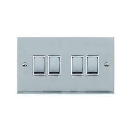 4 Gang 2 Way 10A Rocker Switch in Satin Chrome Raised Plate with White Trim Victorian Elite