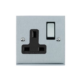 1 Gang 13A Switched Single Socket in Satin Chrome Raised Plate with Black Trim Victorian Elite